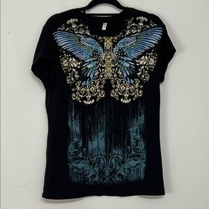 🌞 EJEL Black Butterfly Bling Graphic on black short sleeve tee Women size M
